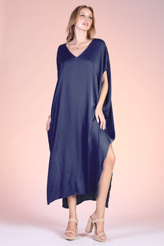 Navy Colored Washed Poly Silk Caftan Maxi