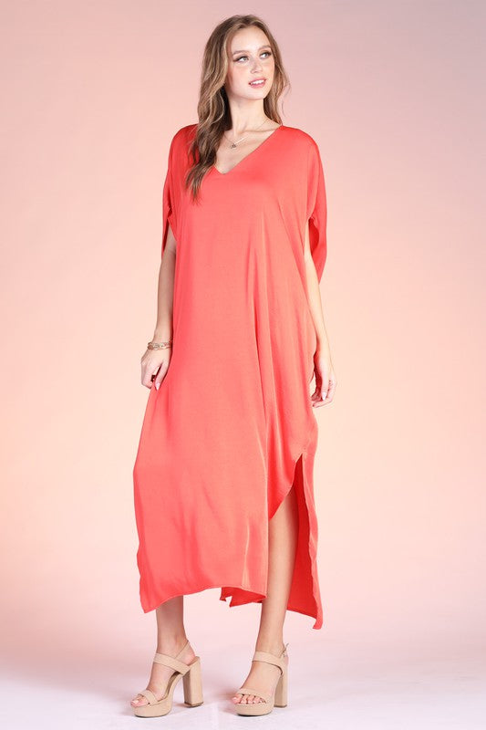 Orange Colored Washed Poly Silk Caftan Maxi