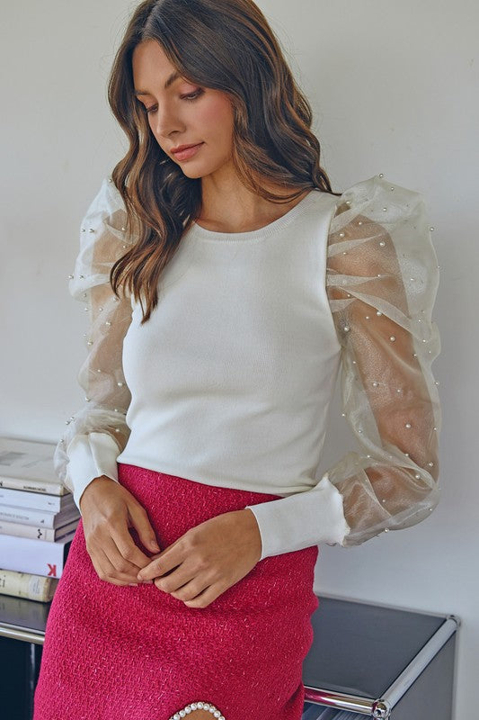 Cream Colored Pearl Sleeve Detail Top