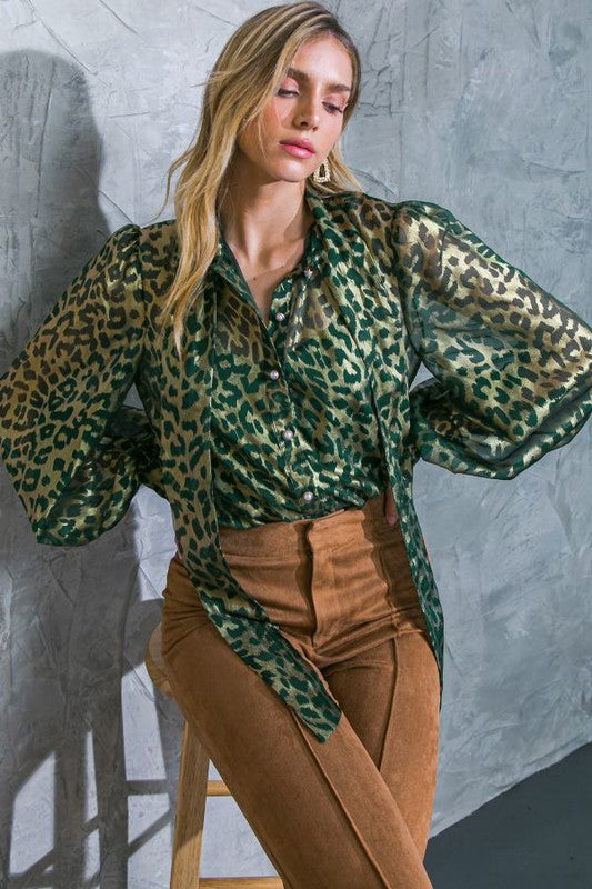 Green Colored Leopard Print Semi Sheet Top