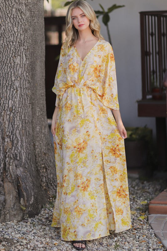 Yellow Multi Print Kimono Sleeve Maxi Dress THE WEARHOUSE Yellow Multi Print Kimono Sleeve Maxi Dress THE WEARHOUSE
