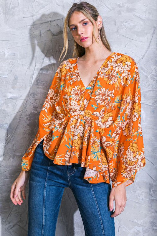 Rust Colored Floral Print Kimono Sleeve Top