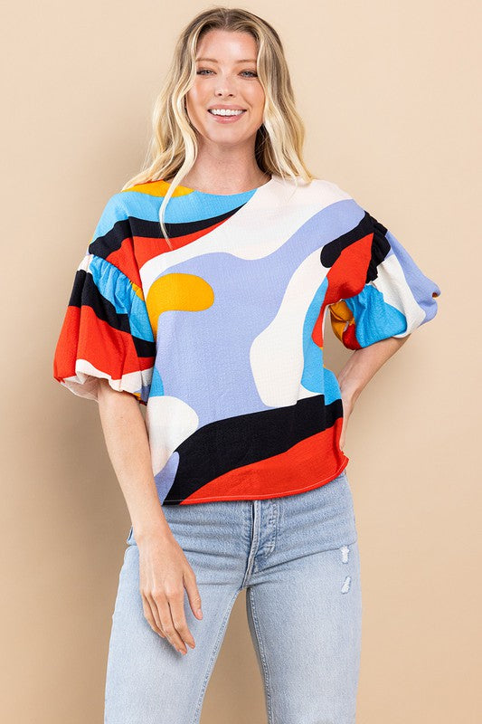 Multi Print Balloon Sleeve Top