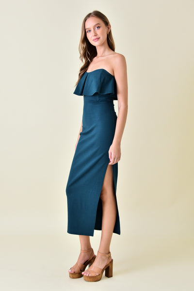 Dark Green Chic Ruffle Thigh Slit Ankle Length Dress