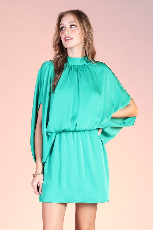 Green Colored Washed Poly Silk Mock Neck Mini Dress