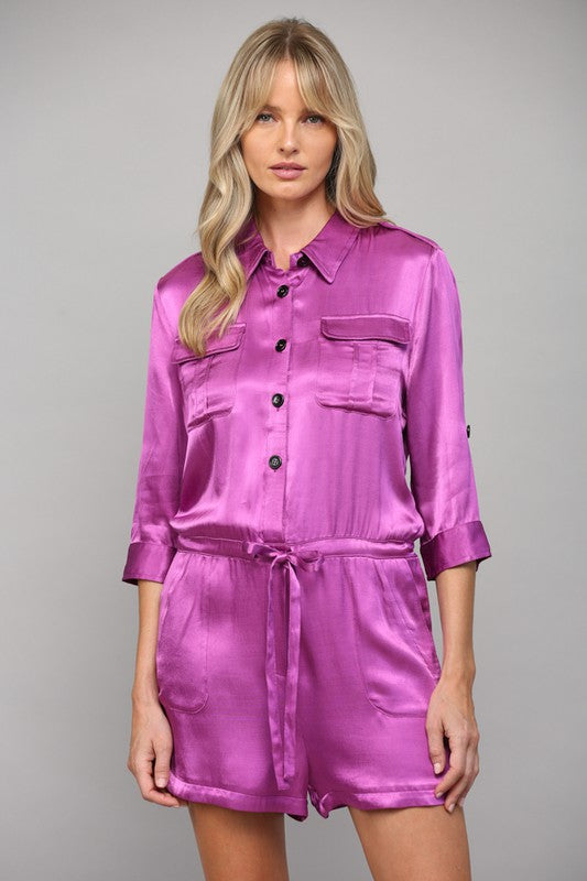 Magenta Colored Satin Utility Romper