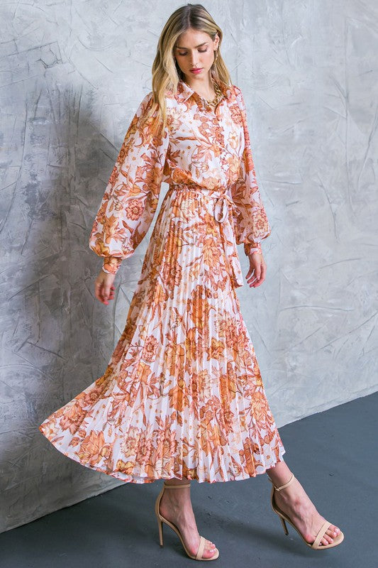 Ivory and Peach Floral Print Collared Midi Dress