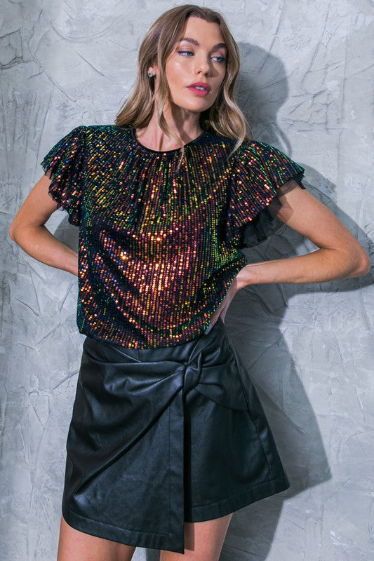 Pomodoro V Neck Sequin Top With Balloon Sleeve Champagne