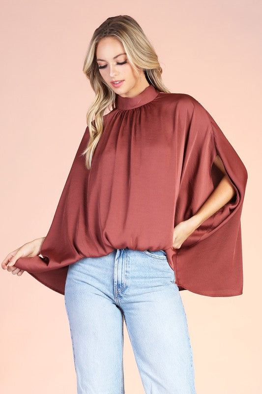 Brown Colored Washed Poly Silk Mock Neck Caftan Top