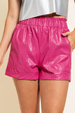 Pink Colored Elastic High Waisted Pleather Shorts