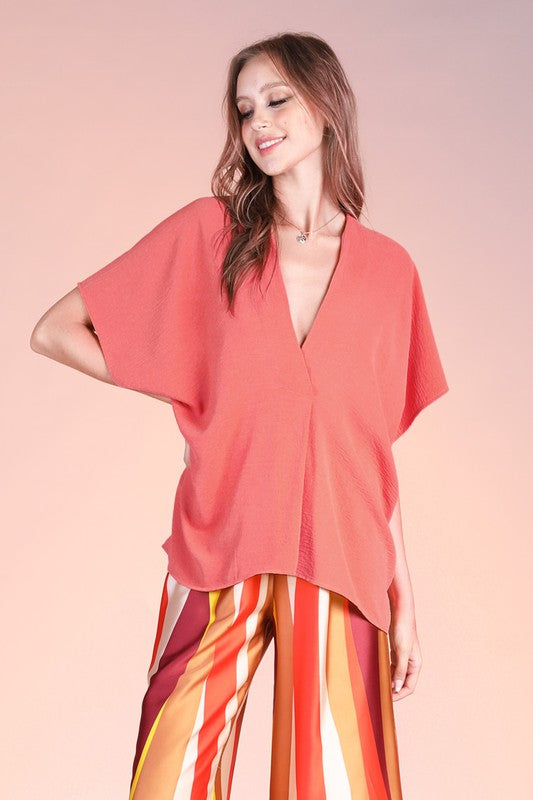 Rust Colored Matte Crepe Caftan Short Sleeve Top