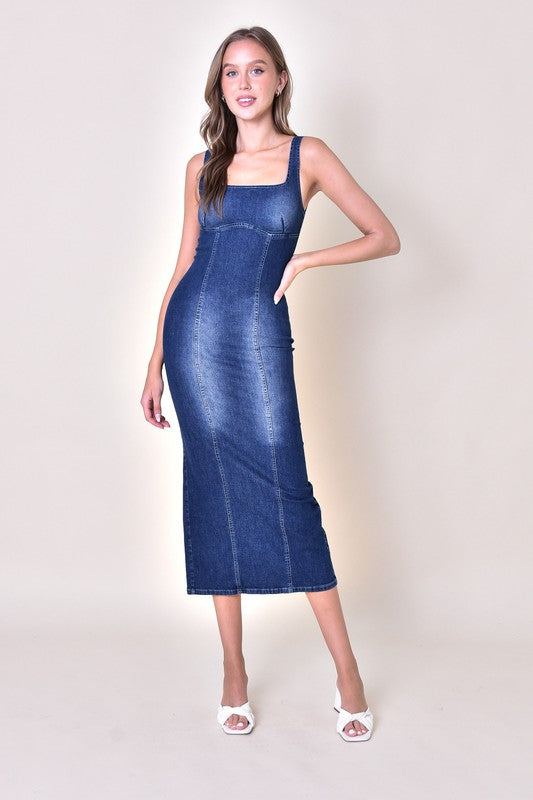 Denim Square Neck Bodycon Midi Dress