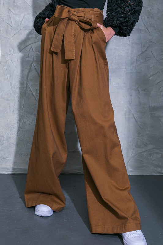 Brown Colored High-Waisted Wide Leg Twill Pants