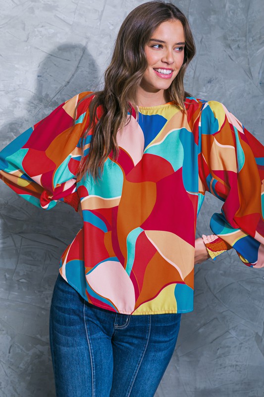 Red and Blue Multi Print Smocked Cuff Blouse
