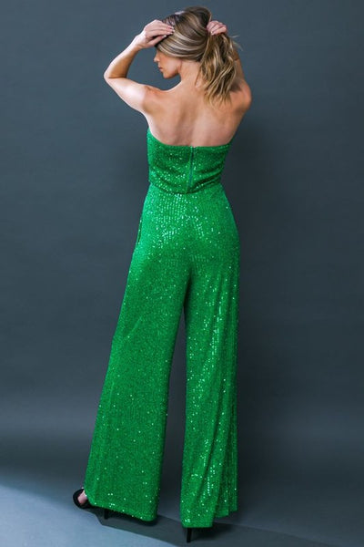 Green Colored Sequin Tube Top and Wide Leg Pant Set