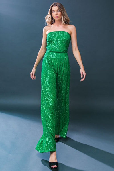 Green Colored Sequin Tube Top and Wide Leg Pant Set