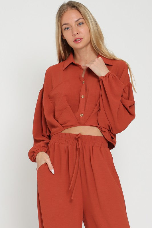 Rust Colored Long Sleeve Button Down Crop Top
