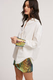 Multi Colored Cuffed Sequin Sleeve Button Down Top