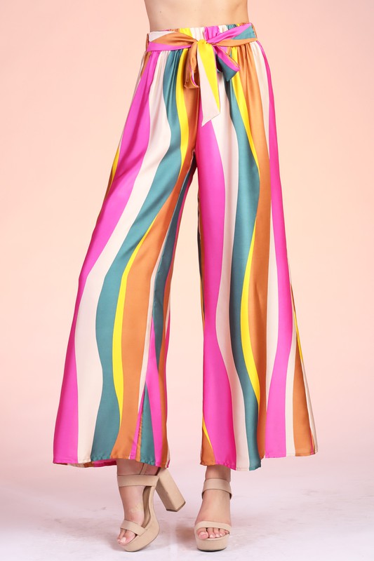 Pink Multi Print Sunset Wonders Tie Waist Wide Leg Pants