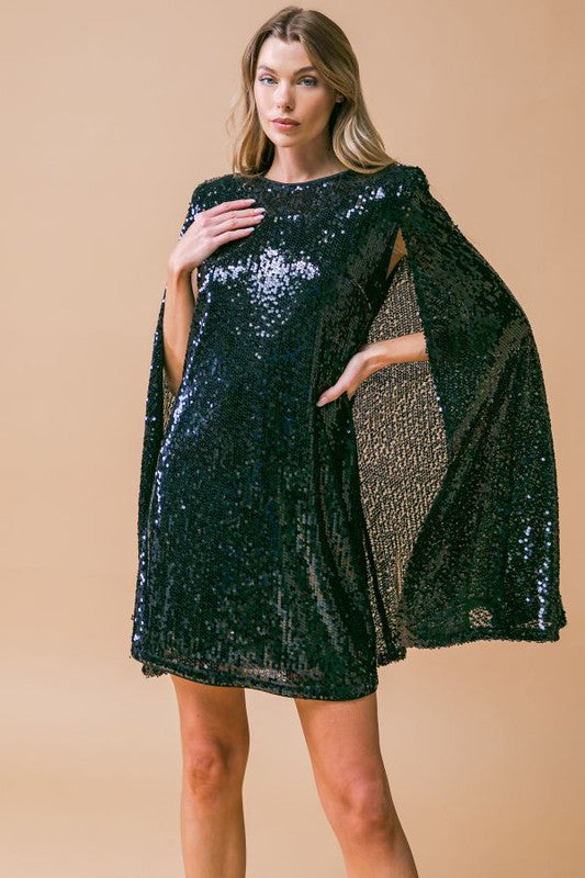 Black Colored Sequin Mini Cape Dress