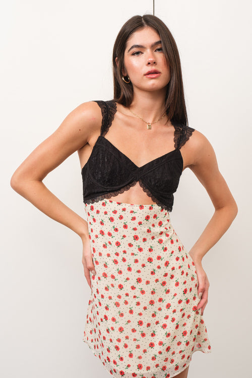 Red Floral and Black Lace Bra Combo Mini Dress