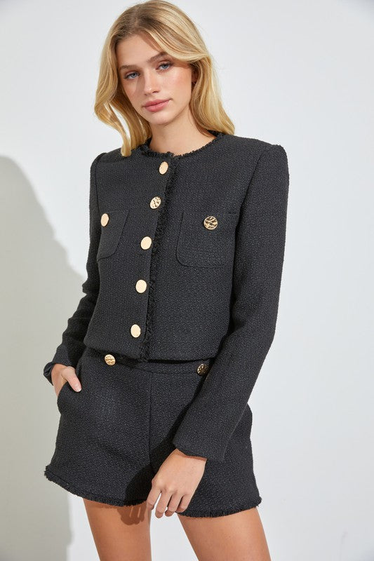 Black Colored Button Detail Cropped Jacket