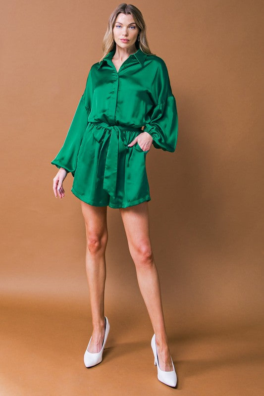 Green Colored Satin Shirt Collar Romper