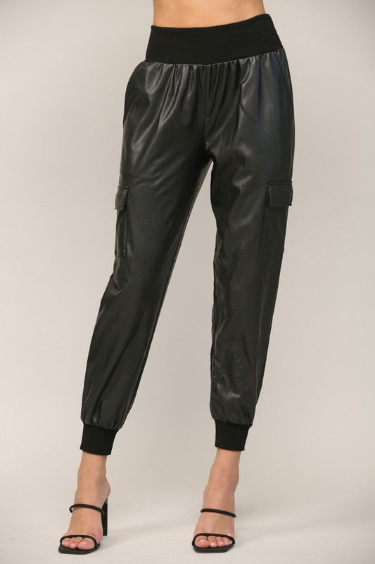 Black Colored Contrast Rib Band Trim Faux Leather Joggers
