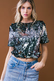 Gun Metal Colored Sequin Roundneck Short Sleeve Top