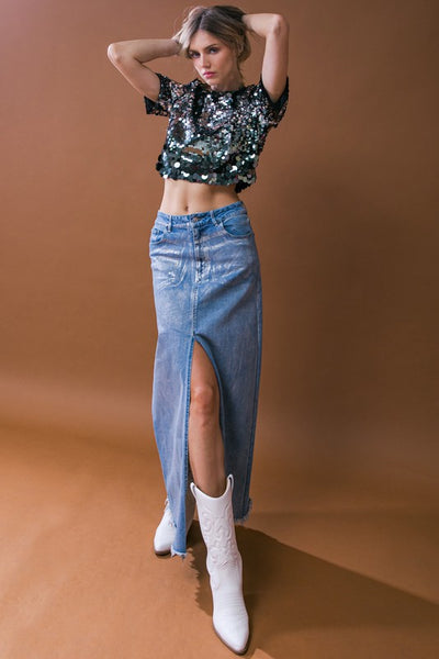 Gun Metal Colored Sequin Roundneck Short Sleeve Top