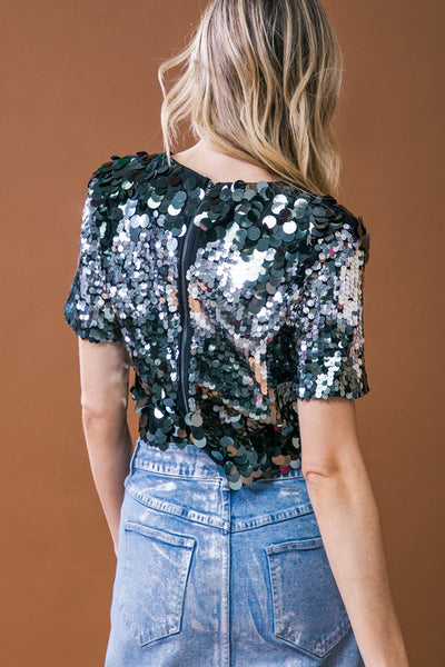 Gun Metal Colored Sequin Roundneck Short Sleeve Top