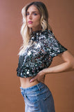 Gun Metal Colored Sequin Roundneck Short Sleeve Top