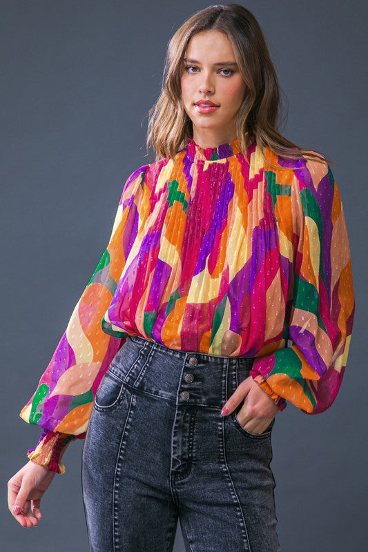Multi Print Ruffled Neckline Long Sleeve Blouse