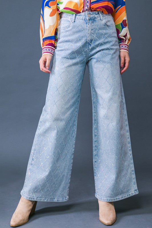Ria Rhinestone Detail Wide Leg Denim Jeans