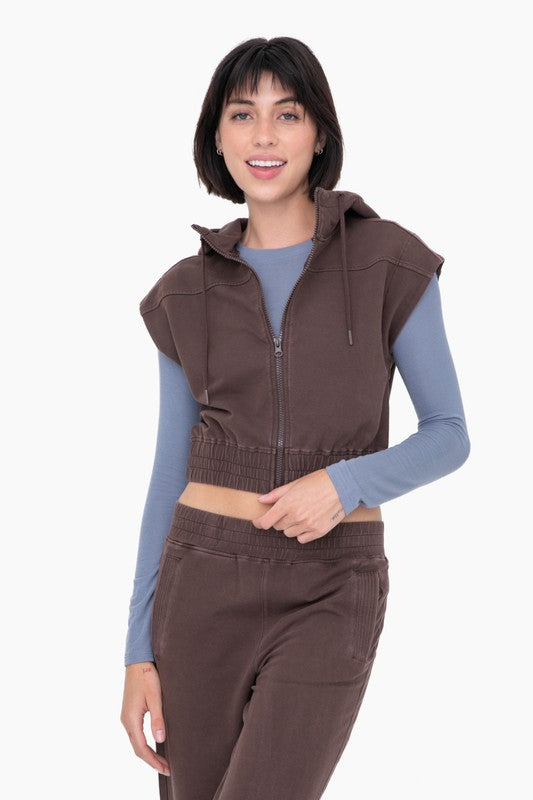 Dark Brown Mineral Washed Sleeveless French Terry Hoodie