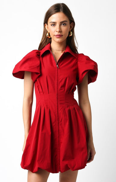 Red Bubble Sleeve Front Zip Dress