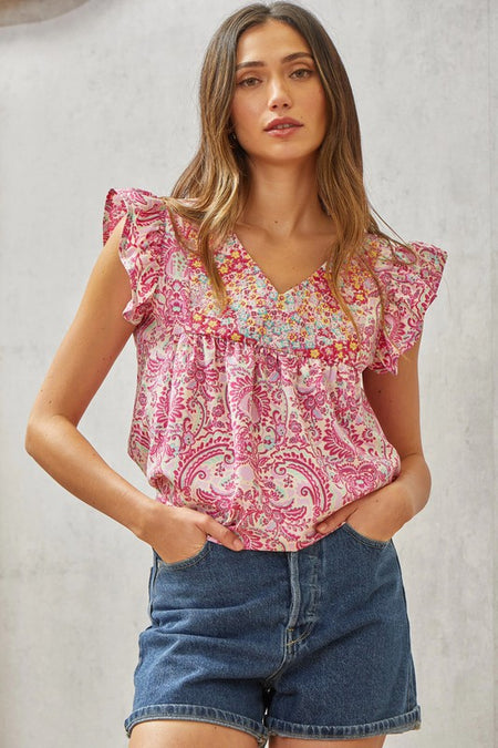 Dusty Pink Colored Ruffle Neck Tie Back Blouse
