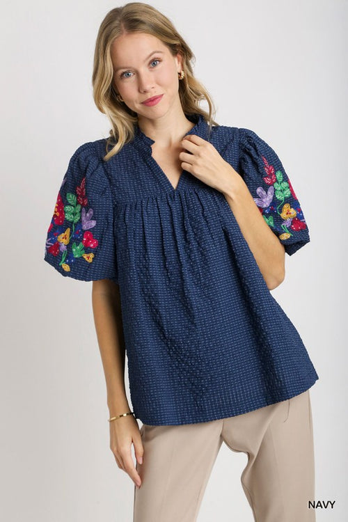 Navy Blue Colored Checkered Bubble Sleeve Embroidery Top