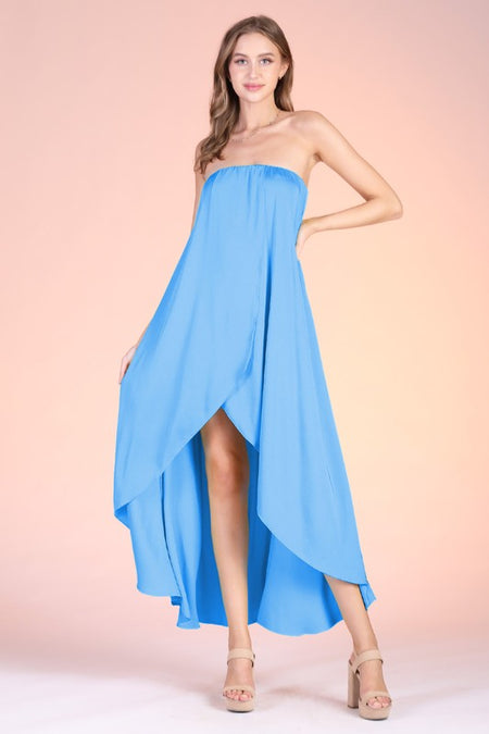 Blue Colored Palm Tree Leaf Print Strapless Maxi Dress
