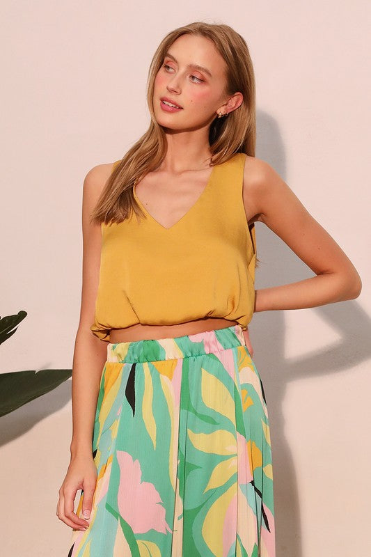 Mustard Poly Silk V-Neck Crop Top