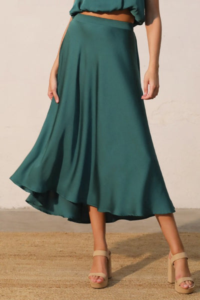 Forest Green Poly Silk Midi Swing Skirt