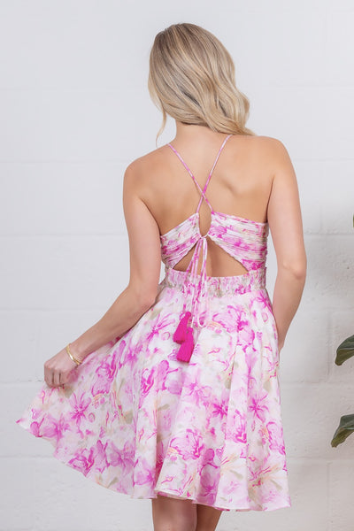 Pink Floral Back Lace-Up Mini Dress