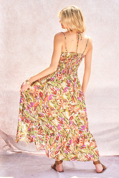 Olive Multicolor Floral Halter Maxi Dress