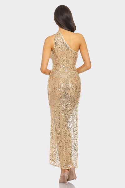 Gold Sequin One Shoulder Mesh Dress with Slit