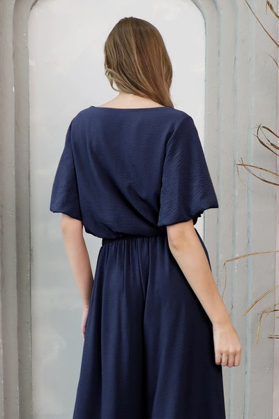 Navy Crepe Bubble Sleeve Crop Top