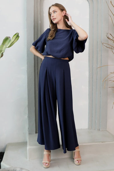 Navy Crepe Bubble Sleeve Crop Top