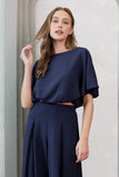 Navy Crepe Bubble Sleeve Crop Top