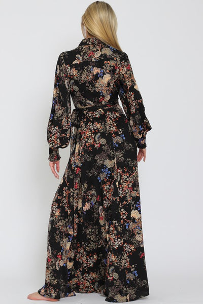 Black Multi Sleeve Band Shirt Collar Maxi Dress