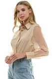 Nude Double Collar Sheer Sleeve Blouse