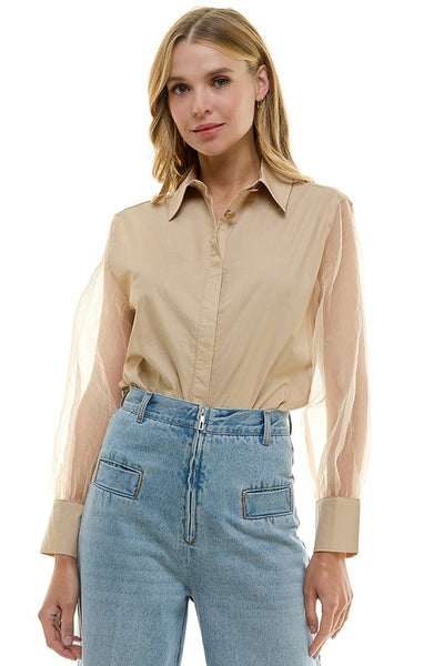 Nude Double Collar Sheer Sleeve Blouse